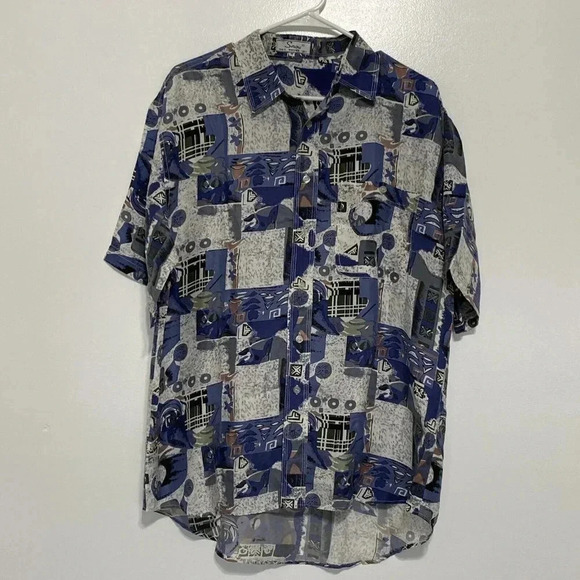 Snow Other - Snow Shirt Blue/White Short Sleeve Size Med 100% Washed Silk Excellent Shape